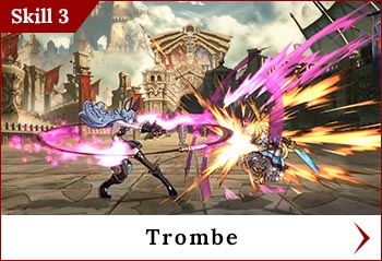 
	<span class='skilltitle'>Trombe</span>
	<br>
	Performs a whip attack that hits on both sides.
	<br>
	This skill has a long lasting hitbox and causes knockback even when blocked, so it's handy for controlling space and keeping the foe at bay.
	