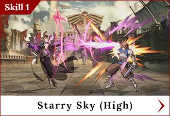 
	<span class='skilltitle'>Starry Sky (High)</span>   <span class='skillsubtitle'>[Projectile]</span>
	<br>
	Travels higher than a standard projectile, so it won't hit crouching foes at a distance.
	<br>
	<img src='../images/psbuttons/square.png'> : Fires a slower shot.
	<br>
	<img src='../images/psbuttons/triangle.png'> : Fires a faster shot.
	<br>
	When used midair, Metera fires at a downward angle.
	